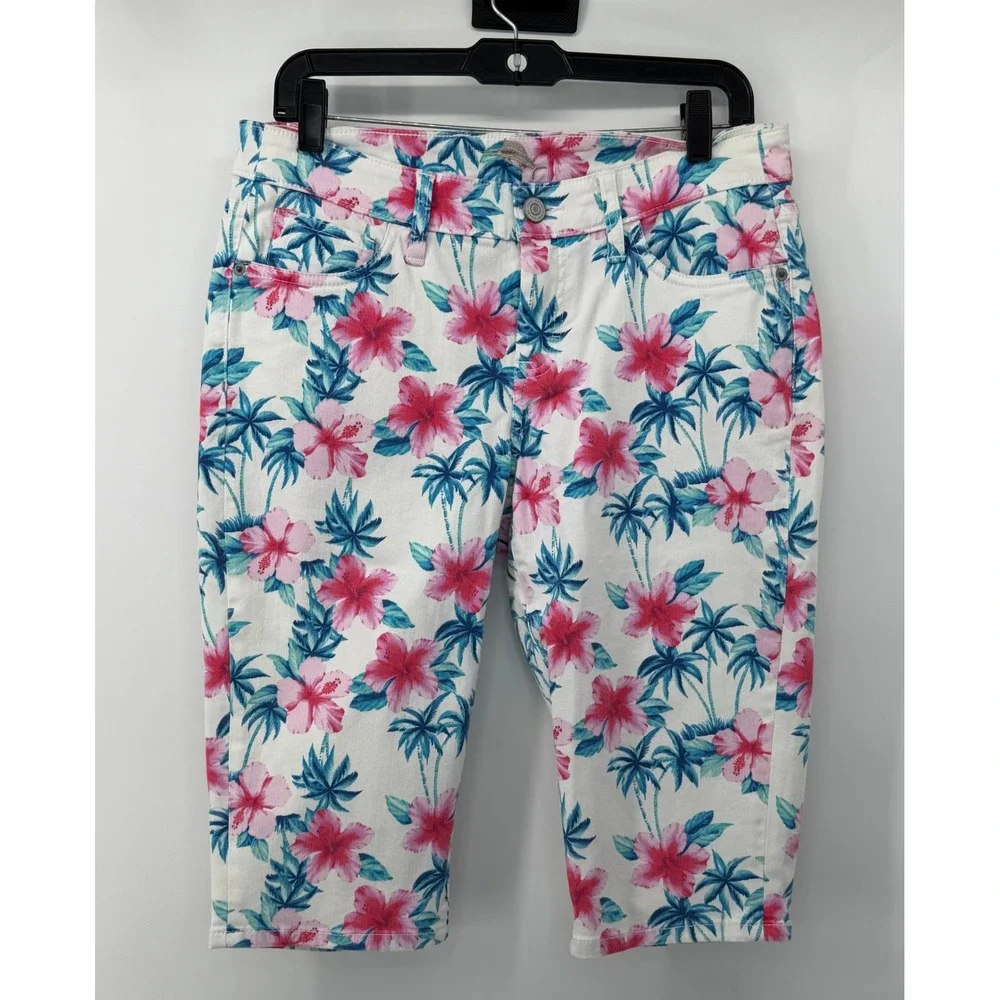 Tommy Bahama Boardwalk Floral Hibiscus Palm Tree Denim Shorts White Pink Blue 14